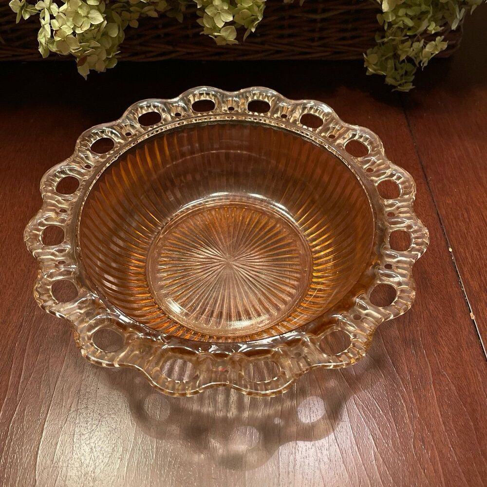 vintage cranberry (pink depression) glass reticulated edge serving bowl